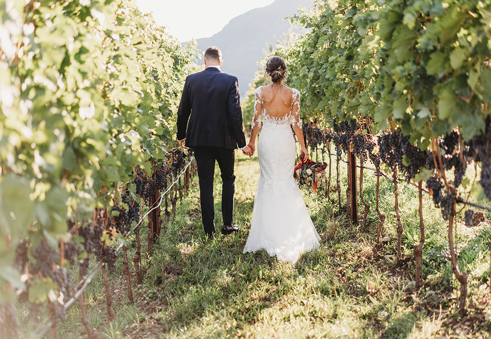 Gli sposi fra i vigneti della tenuta Kaltenburg a Caldaro