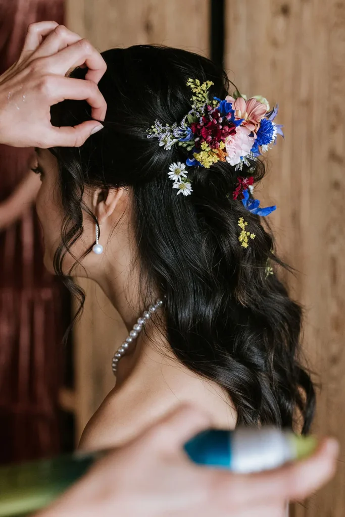 Wedding in the Dolomites with wildflowers - getting ready at Kolfuschgerhof